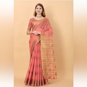 Pink Saree. Saree set with blouse and peticoat. Falls & Pick done.